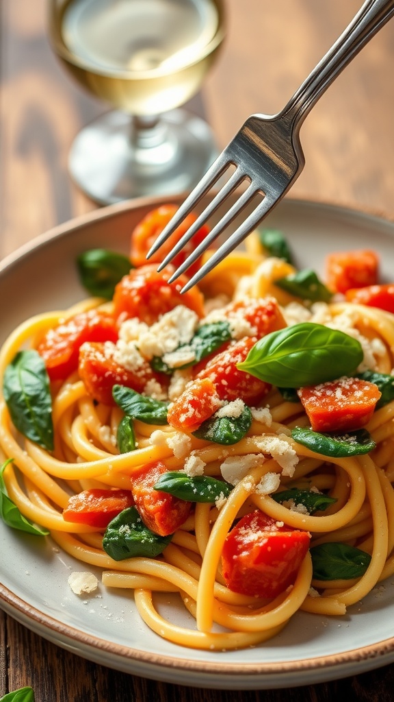 Creamy tomato spinach pasta topped with Parmesan cheese and basil, on a rustic table.